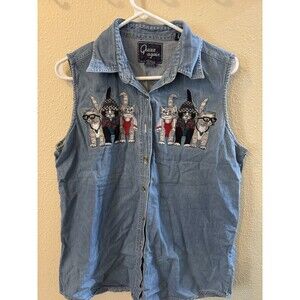 Quizz Again New York Denim Button Up Tank Top Embroidered Cats L Missing Button